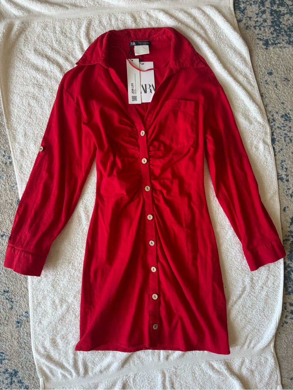 Zara Red Long-Sleeve Linen Button-Down Shirt Dress NWT XS